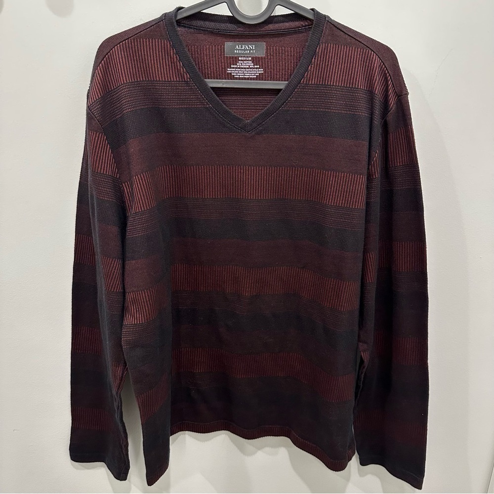 Alfani Red and Black Striped Long Sleeve Tee